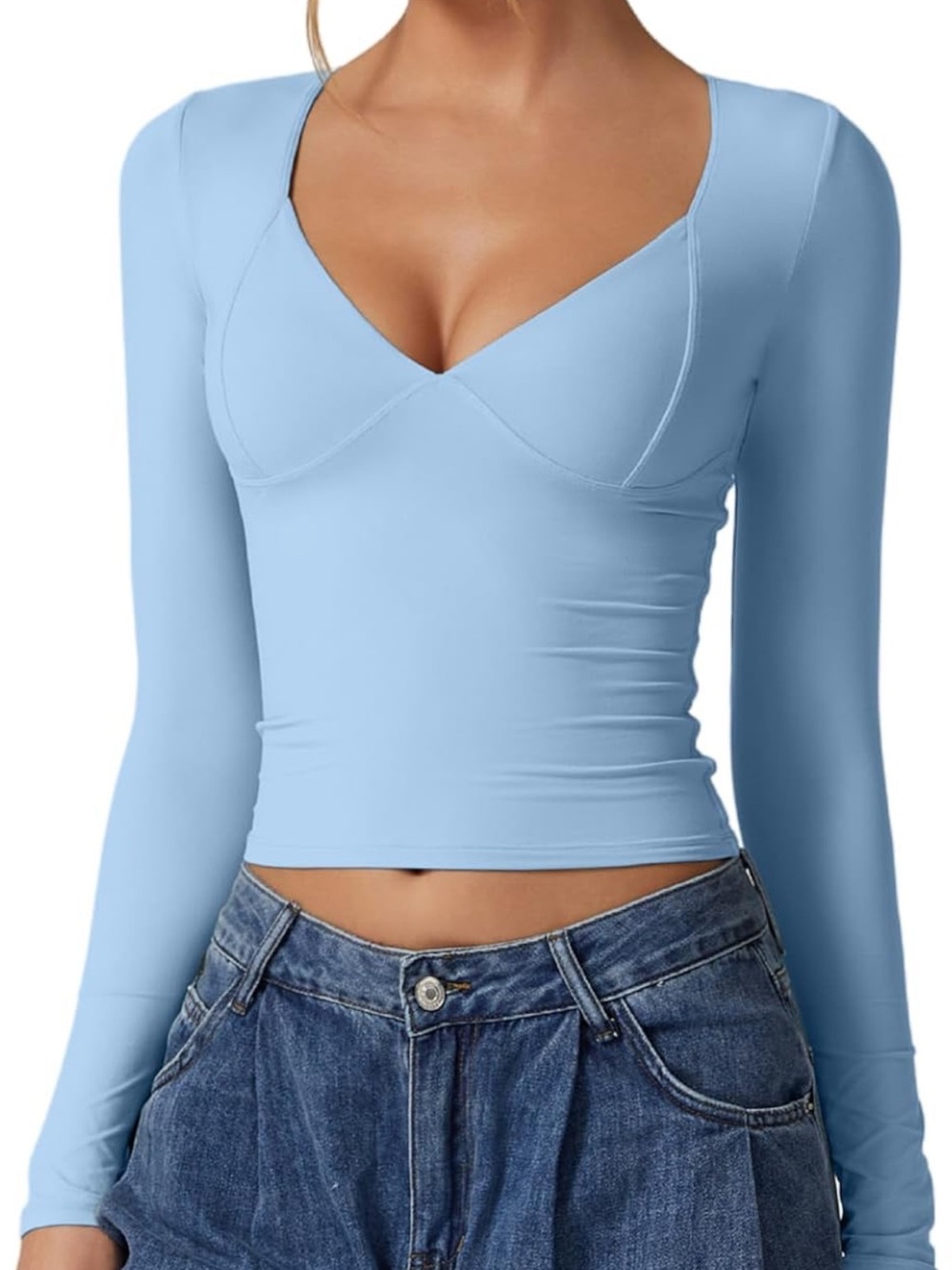 Light Blue Long Sleeve V-Neck Crop Top by